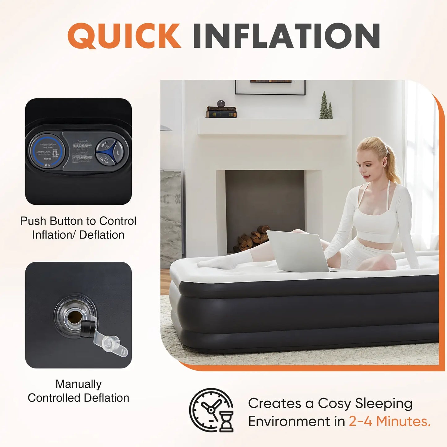 Portable air mattress with a built-in high-capacity air pump, double-layer raised design, and non-slip bottom; supports up to 660 pounds; ideal for camping and home use
