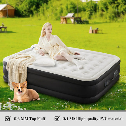 Portable air mattress with a built-in high-capacity air pump, double-layer raised design, and non-slip bottom; supports up to 660 pounds; ideal for camping and home use