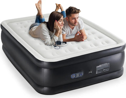 Portable air mattress with a built-in high-capacity air pump, double-layer raised design, and non-slip bottom; supports up to 660 pounds; ideal for camping and home use