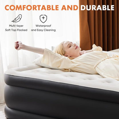 Portable air mattress with a built-in high-capacity air pump, double-layer raised design, and non-slip bottom; supports up to 660 pounds; ideal for camping and home use