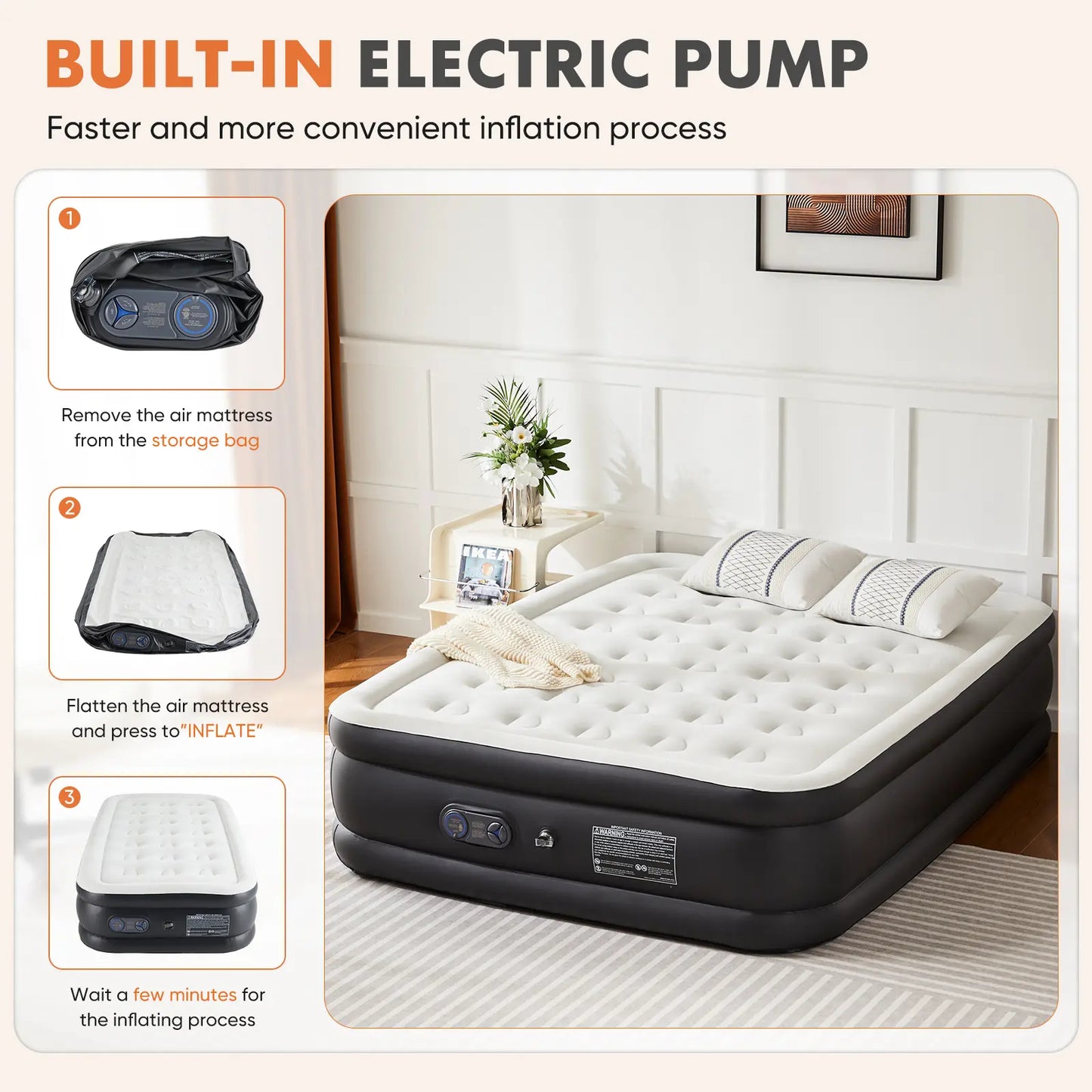 Portable air mattress with a built-in high-capacity air pump, double-layer raised design, and non-slip bottom; supports up to 660 pounds; ideal for camping and home use