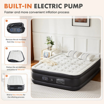 Portable air mattress with a built-in high-capacity air pump, double-layer raised design, and non-slip bottom; supports up to 660 pounds; ideal for camping and home use