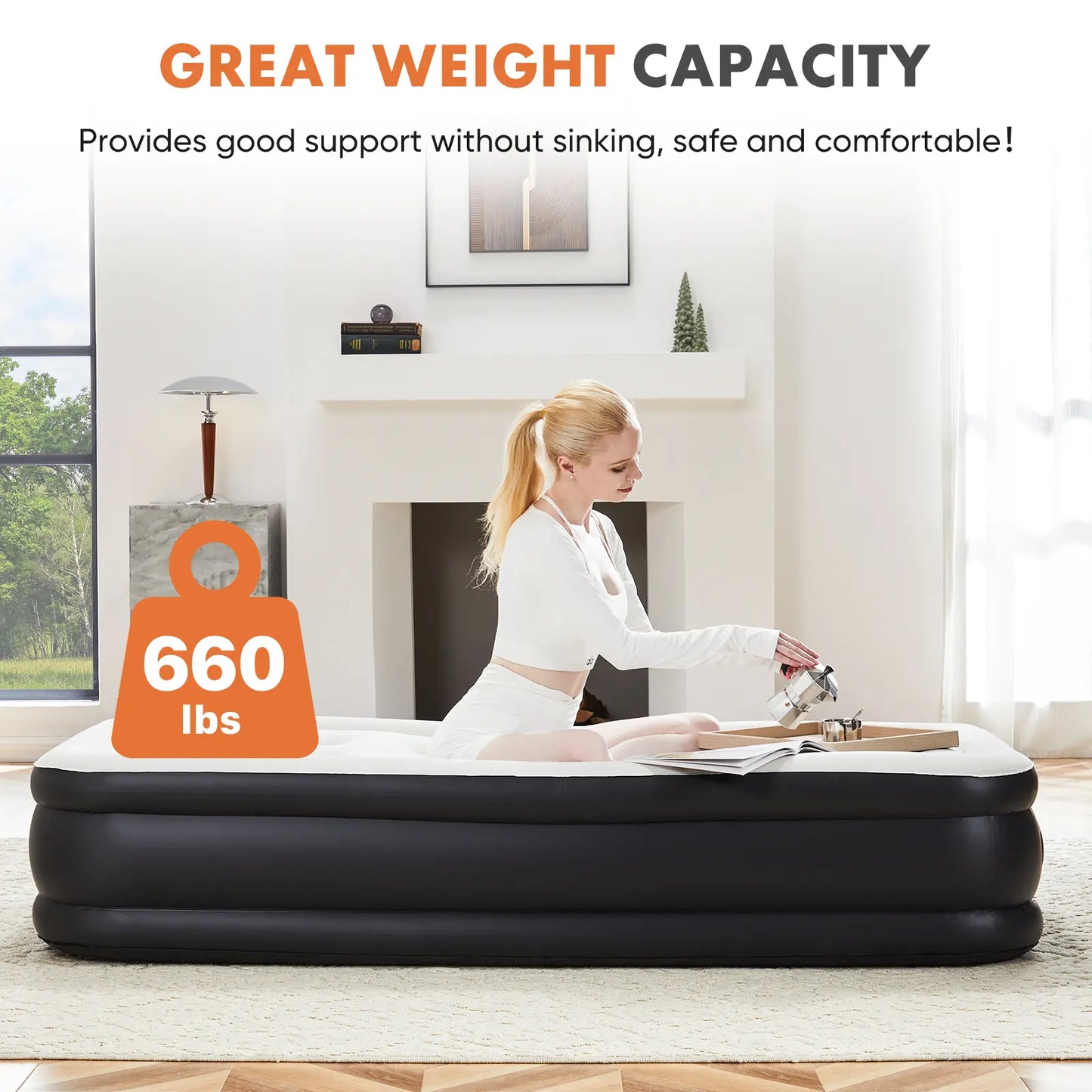 Portable air mattress with a built-in high-capacity air pump, double-layer raised design, and non-slip bottom; supports up to 660 pounds; ideal for camping and home use